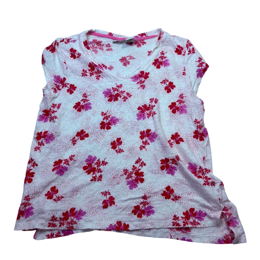 Joie Womens Pink Red‎ Floral Print V-Neck 100% Linen Cap Sleeve T-Shirt Large